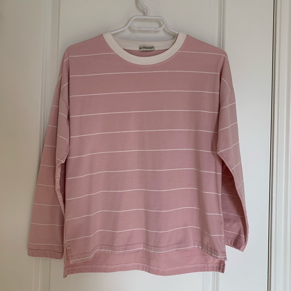Pastel Pink White Striped Long Sleeves Shirt